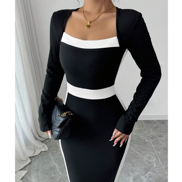 Luxe Color Block Fitted Bodycon Long Sleeve Dress - Picture 2 of 4